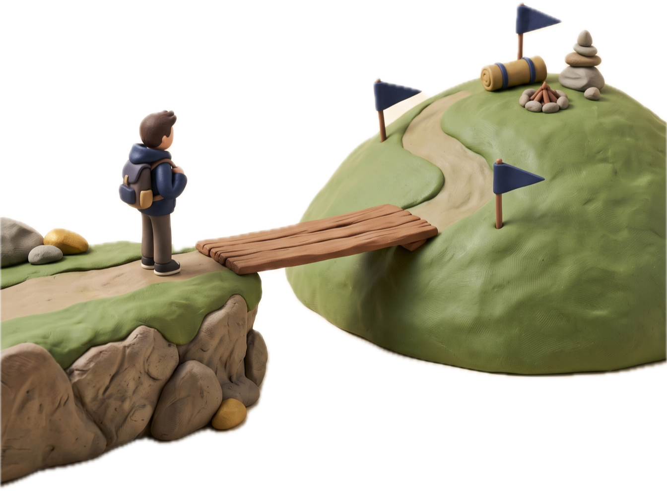 Clay scene of a student crossing a wooden bridge toward a moss-green hill marked by checkpoint flags.